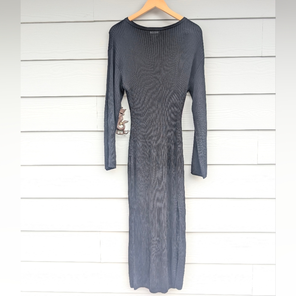 H&M Dress NWT Black Size M Ribbed Midi Maxi Slit Long Sleeves Boat Neck